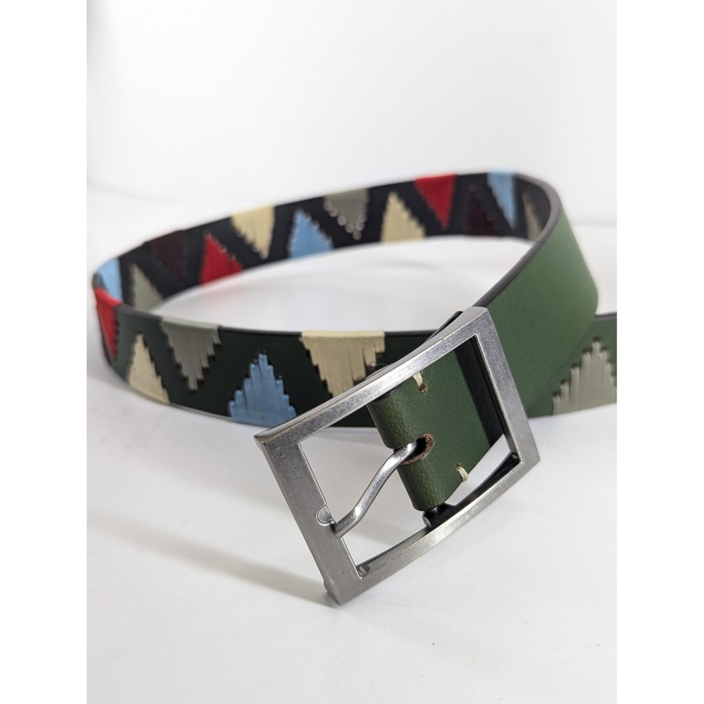 Olive Green Leather Embroidered Geometric Aztec Belt Unisex Size M 34"